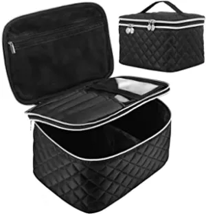 Double Layer Travel Makeup Bag: Portable Cosmetic Bag with Divider Organizer Case for Storage Cosmetics Make up Brush Large Capacity Toiletry Bag for Women and Girls, Black