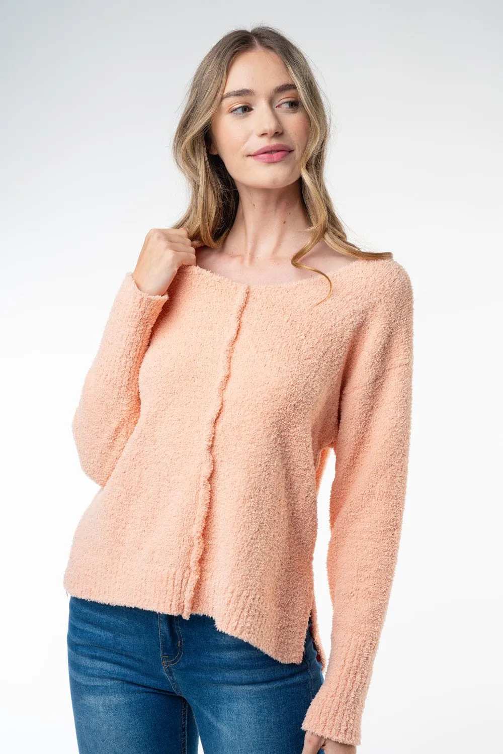 Drew Slouchy Chenille Sweater w/Center Seam in Apricot