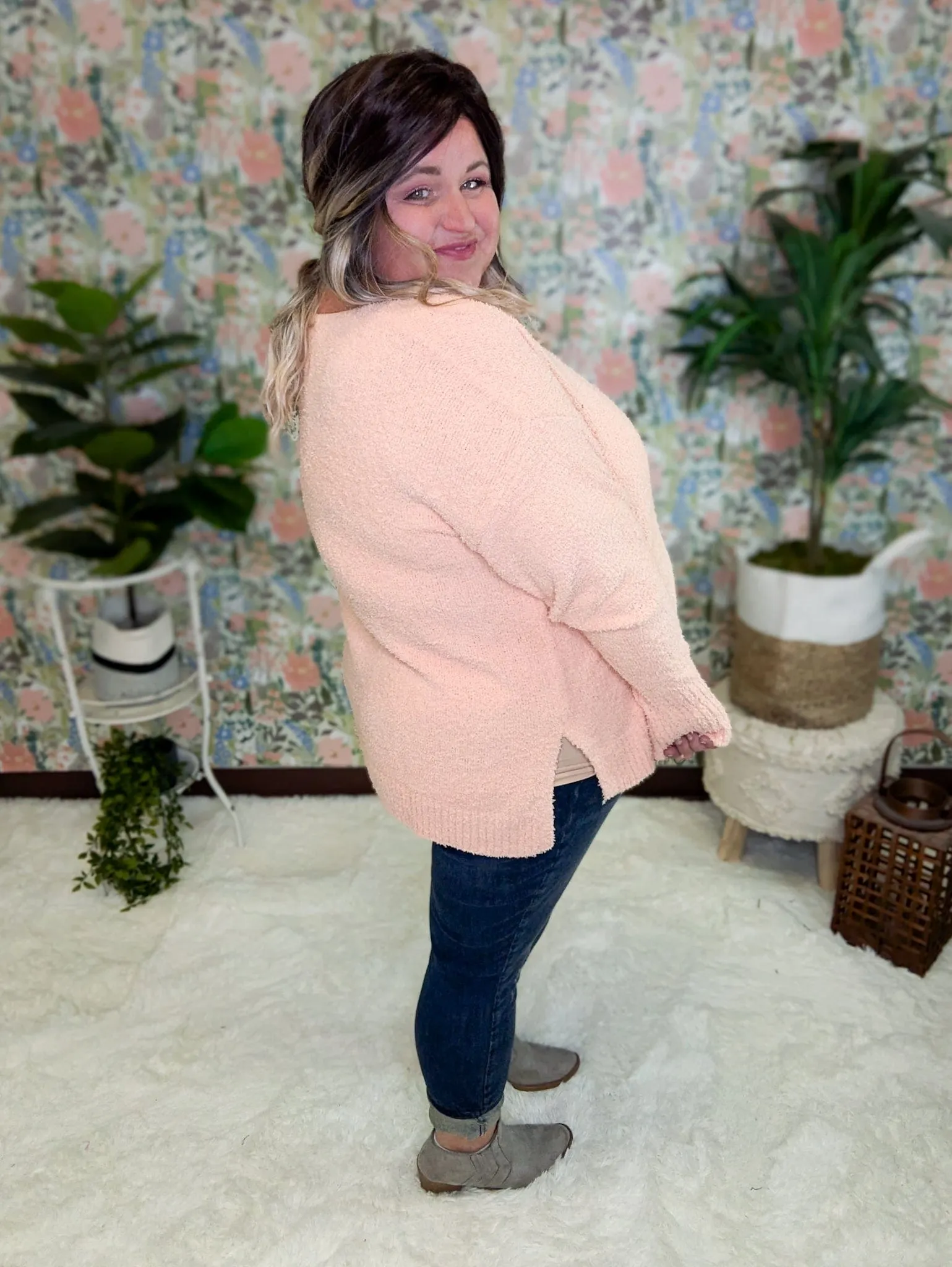 Drew Slouchy Chenille Sweater w/Center Seam in Apricot