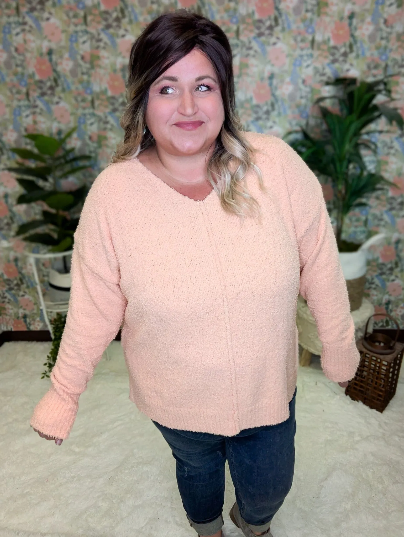 Drew Slouchy Chenille Sweater w/Center Seam in Apricot