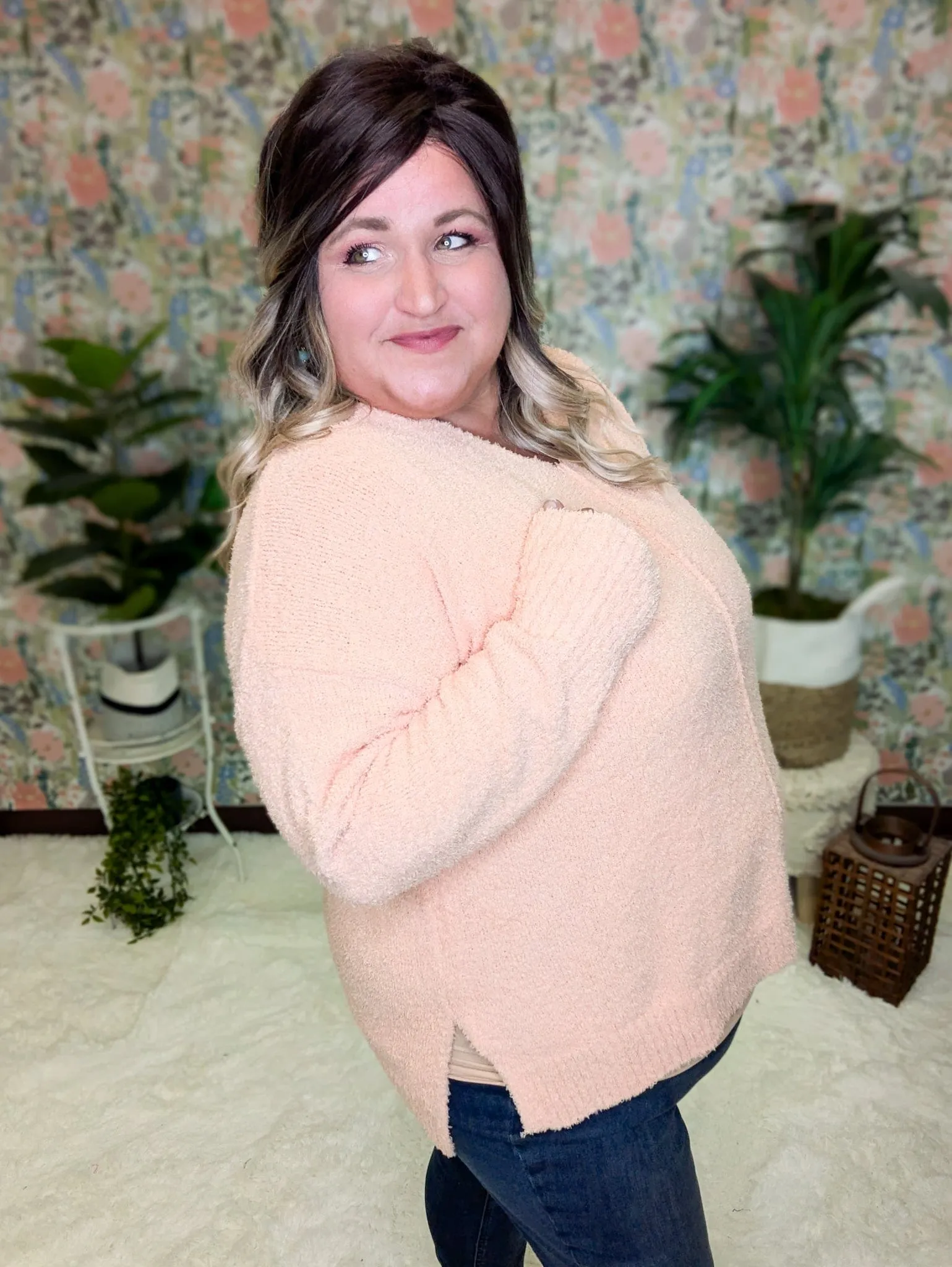 Drew Slouchy Chenille Sweater w/Center Seam in Apricot