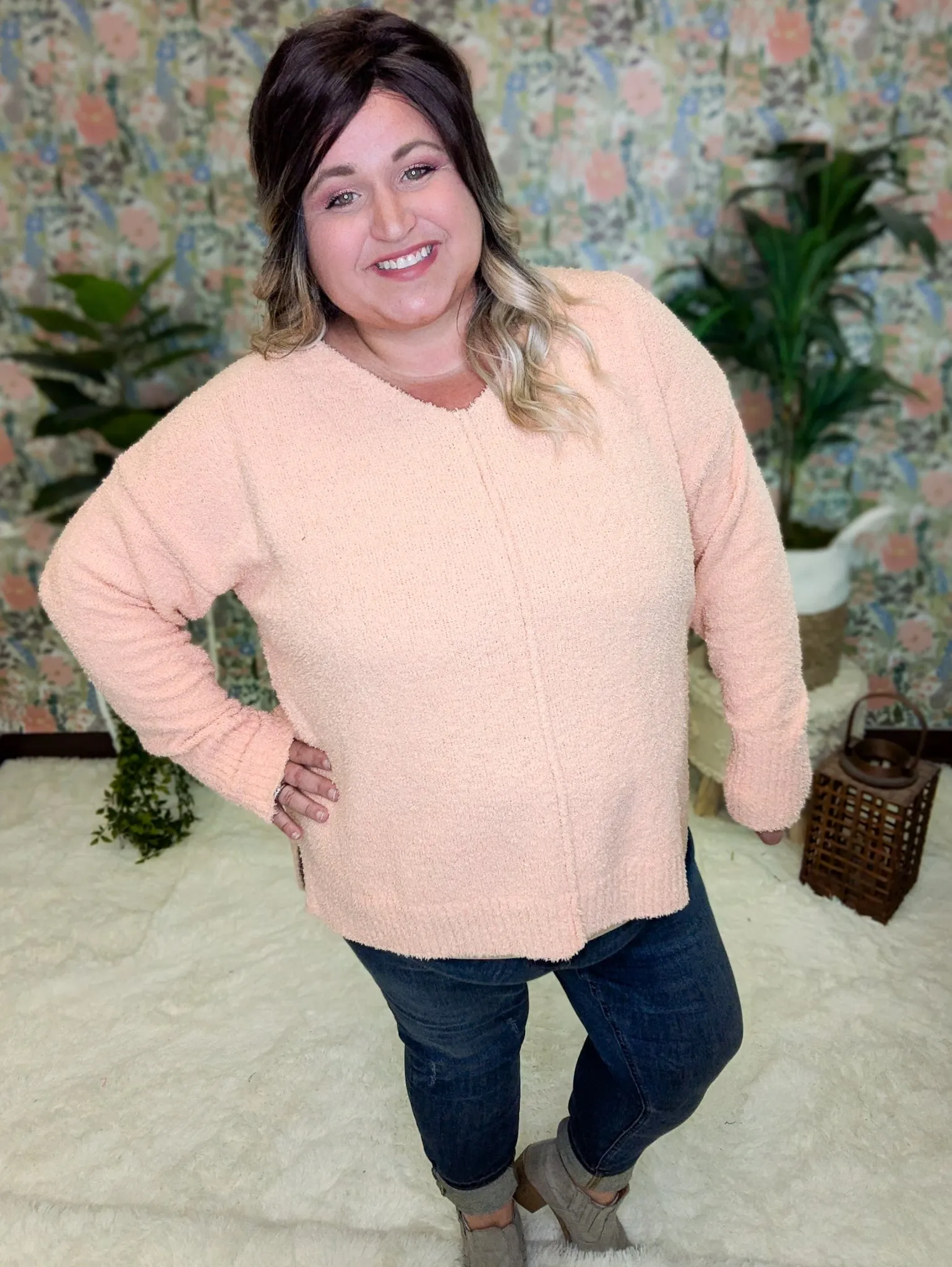 Drew Slouchy Chenille Sweater w/Center Seam in Apricot