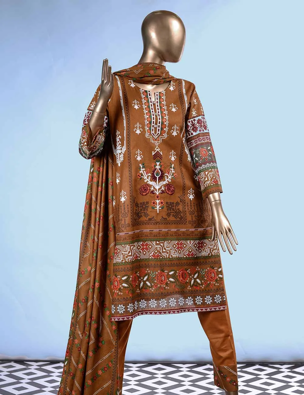 E2-5A - Dancing Motifs  |  Unstitched Printed & Embroidered Cambric Dress