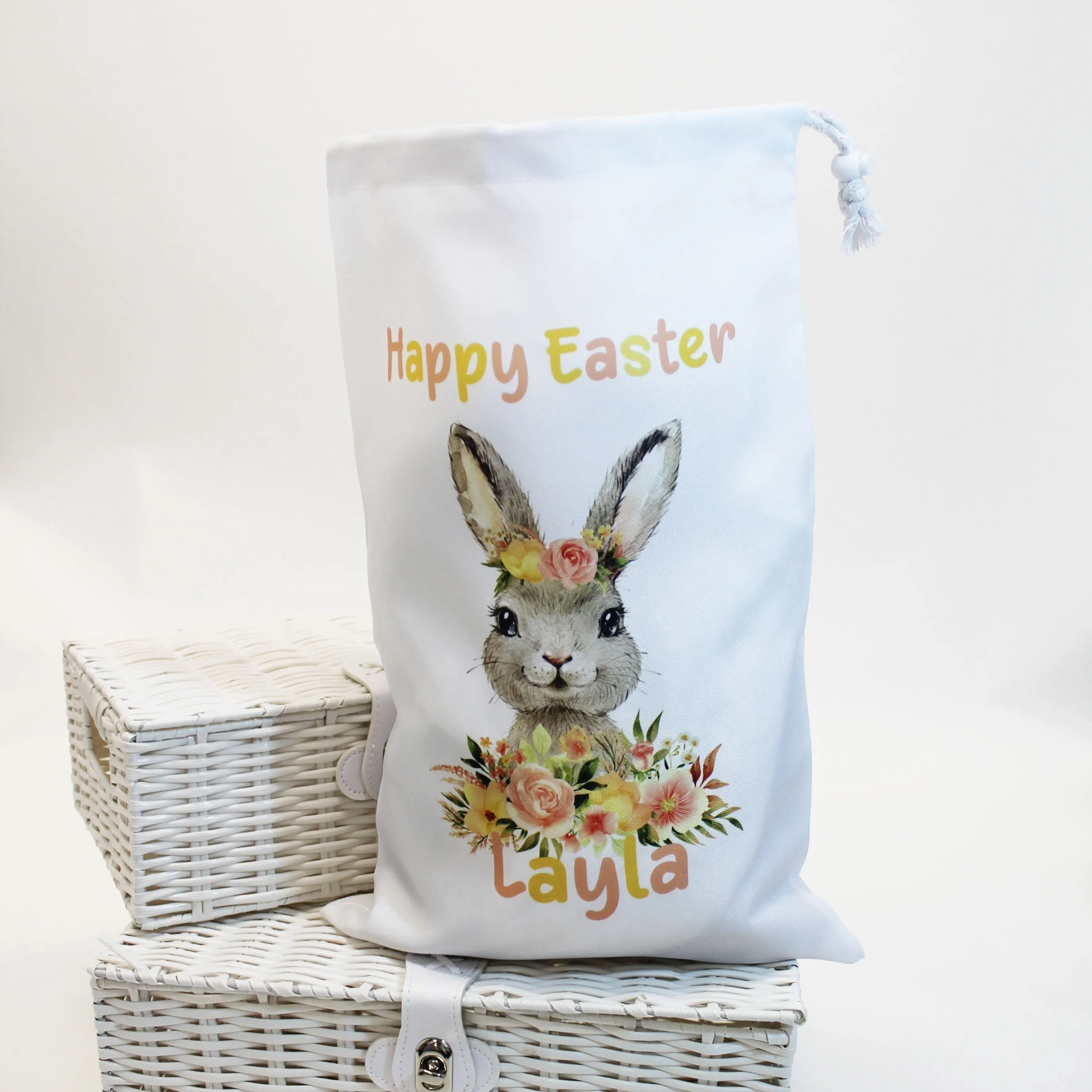 Easter Printed Personalised Sack - Pink & Yellow Bunny