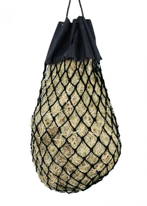 Easy-fill slow feed nylon hay bag with drawstring top closure