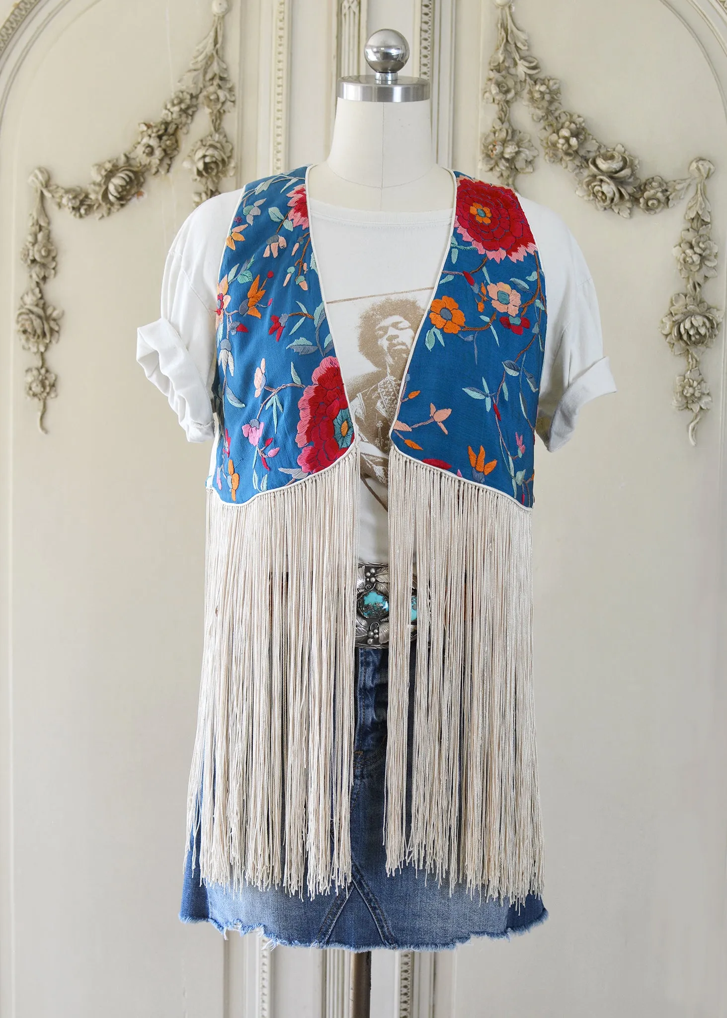 Effie Hand Embroidered Antique Blue Silk Bolero Vest with Opulent Silk Fringes