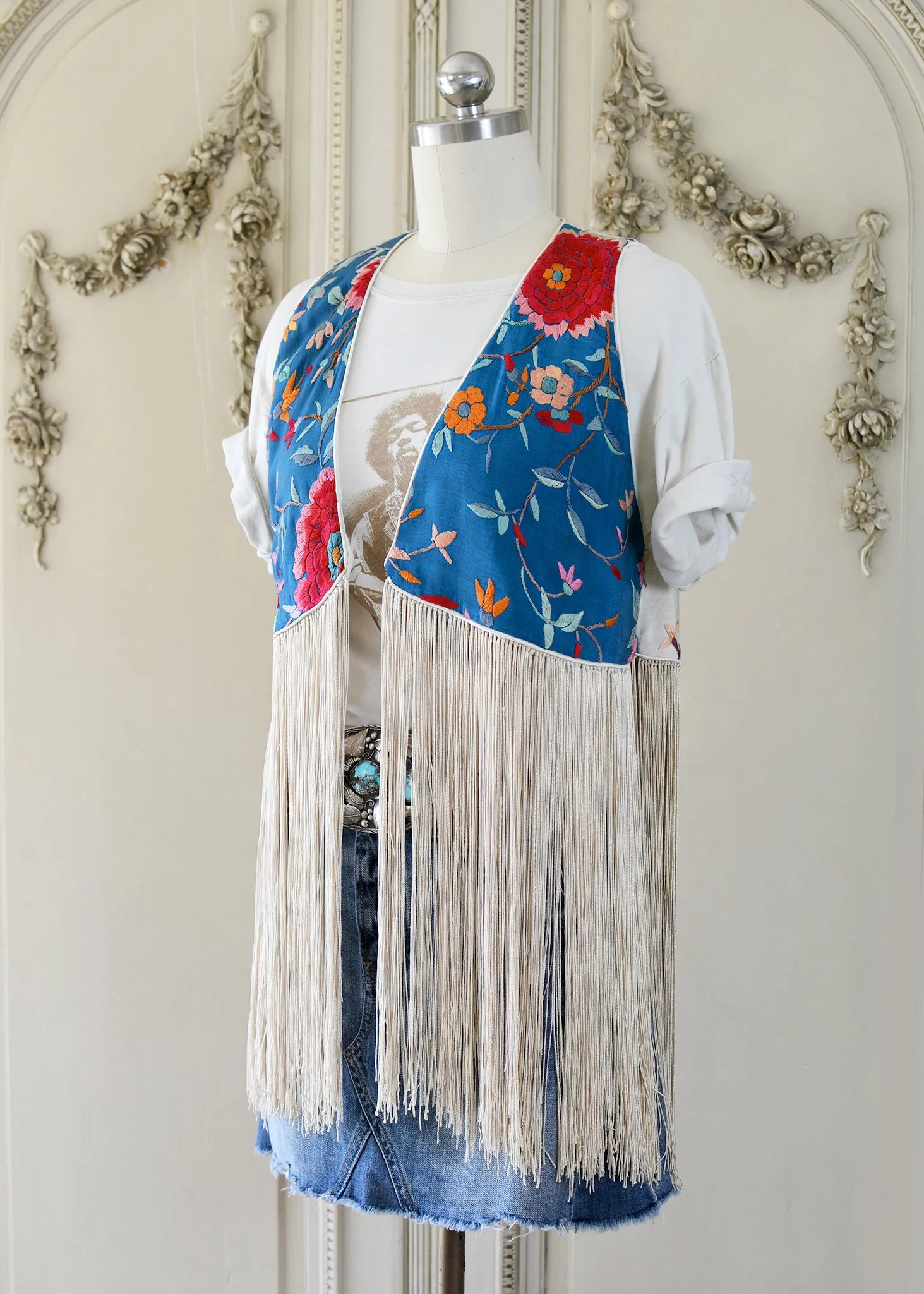 Effie Hand Embroidered Antique Blue Silk Bolero Vest with Opulent Silk Fringes