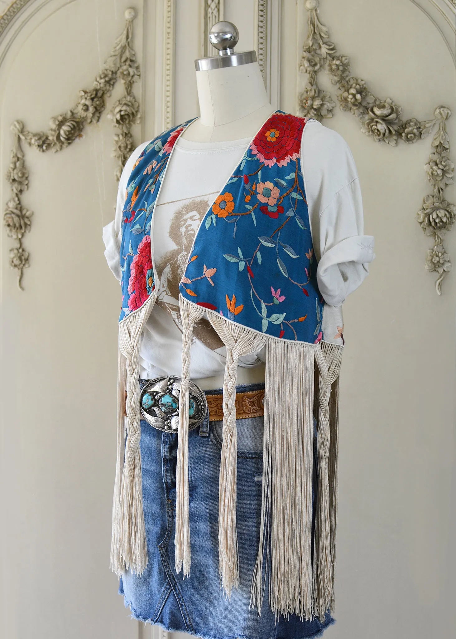 Effie Hand Embroidered Antique Blue Silk Bolero Vest with Opulent Silk Fringes
