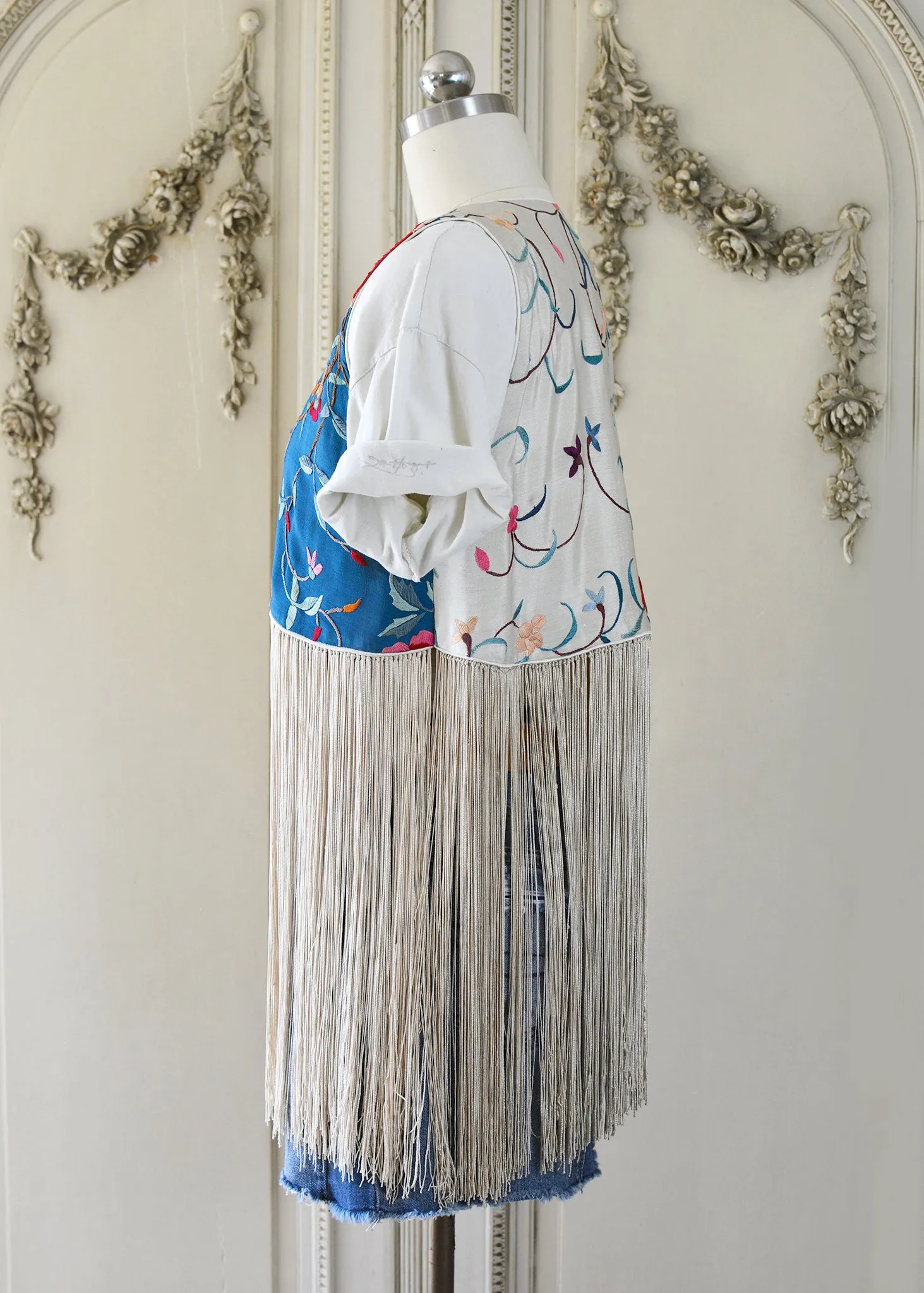 Effie Hand Embroidered Antique Blue Silk Bolero Vest with Opulent Silk Fringes