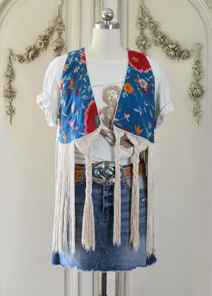Effie Hand Embroidered Antique Blue Silk Bolero Vest with Opulent Silk Fringes