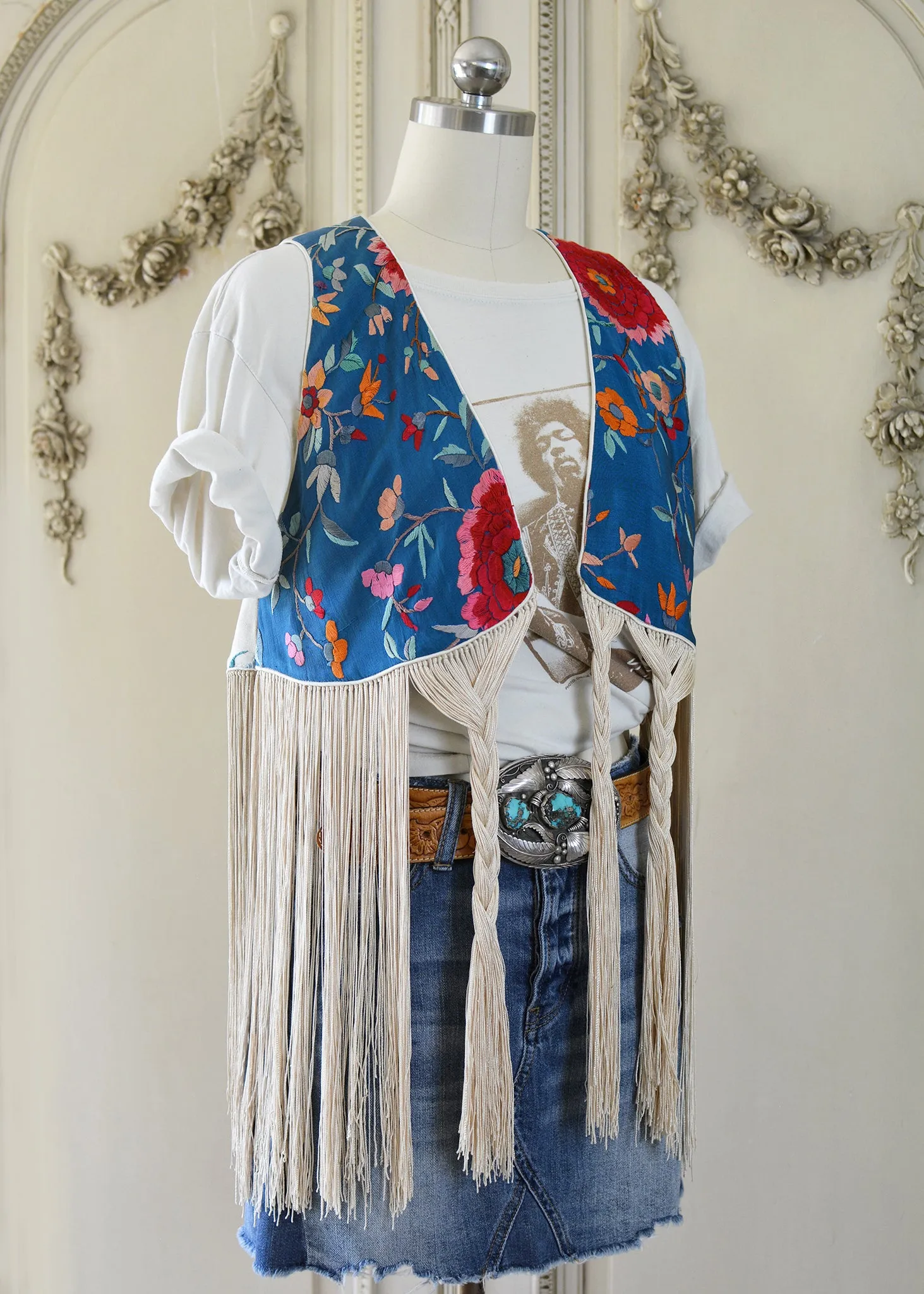 Effie Hand Embroidered Antique Blue Silk Bolero Vest with Opulent Silk Fringes