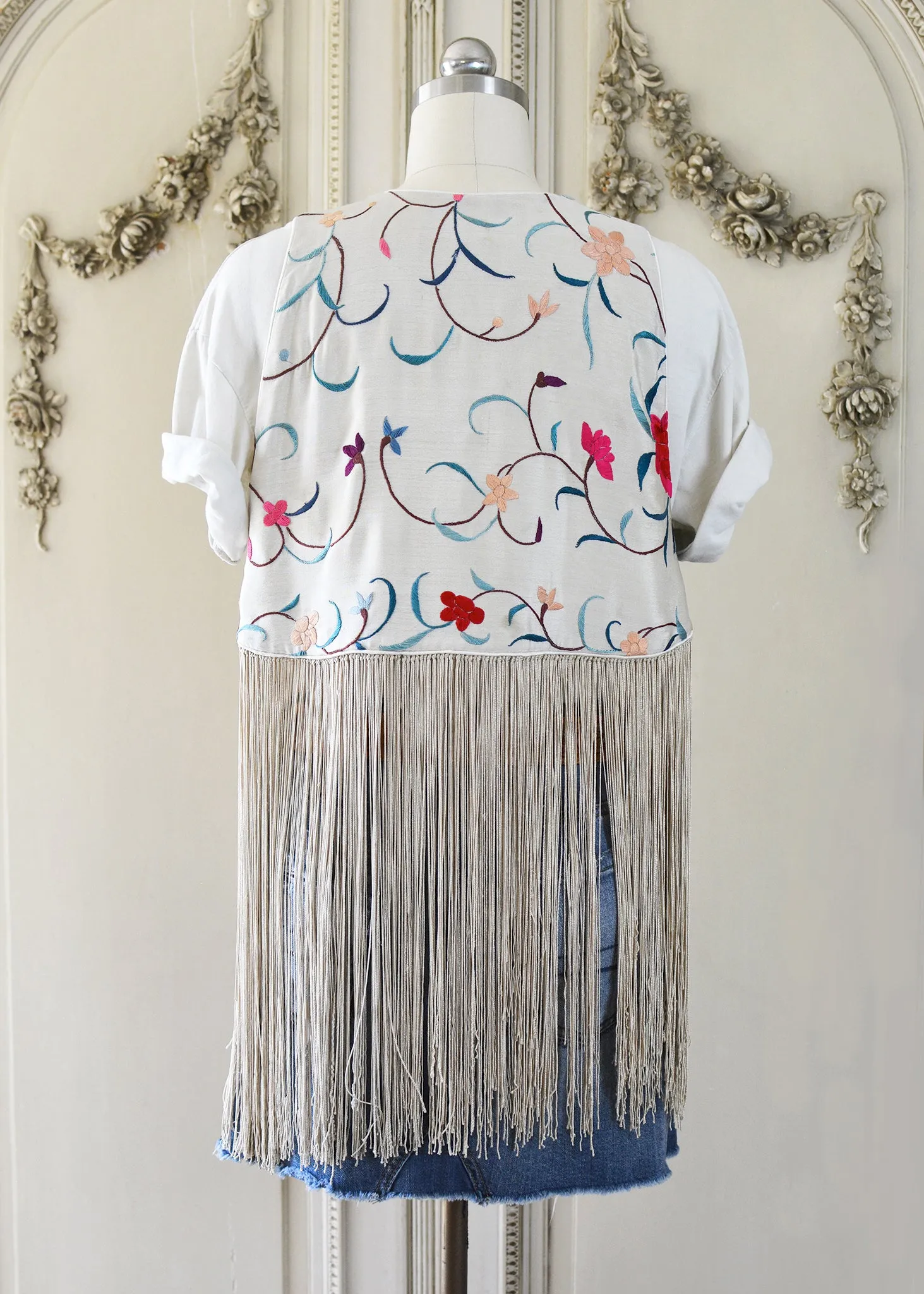 Effie Hand Embroidered Antique Blue Silk Bolero Vest with Opulent Silk Fringes