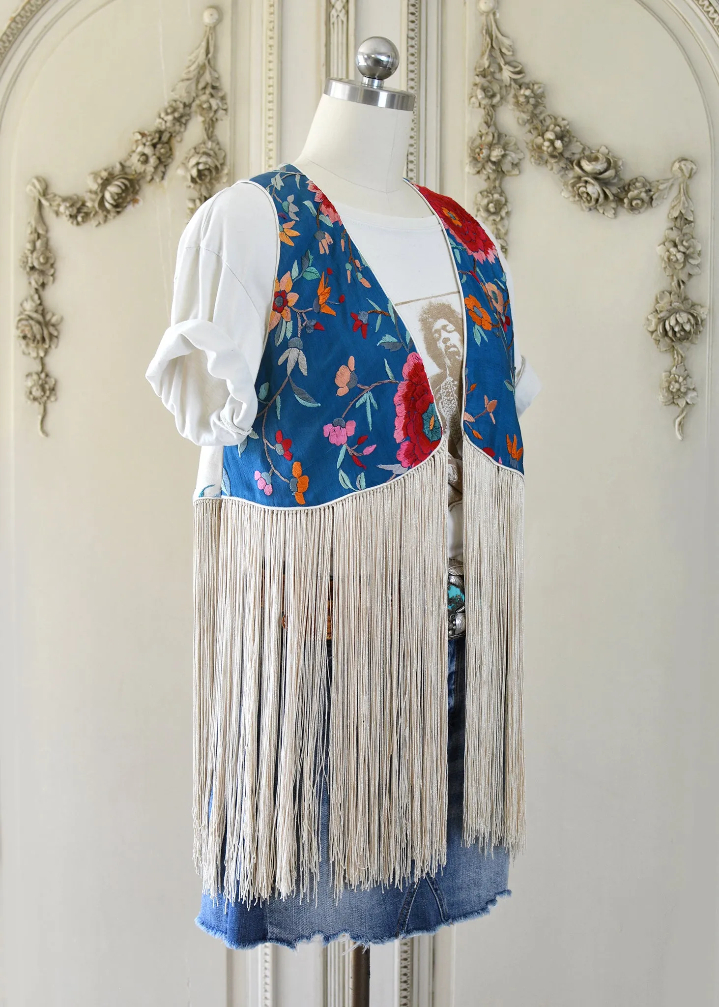 Effie Hand Embroidered Antique Blue Silk Bolero Vest with Opulent Silk Fringes