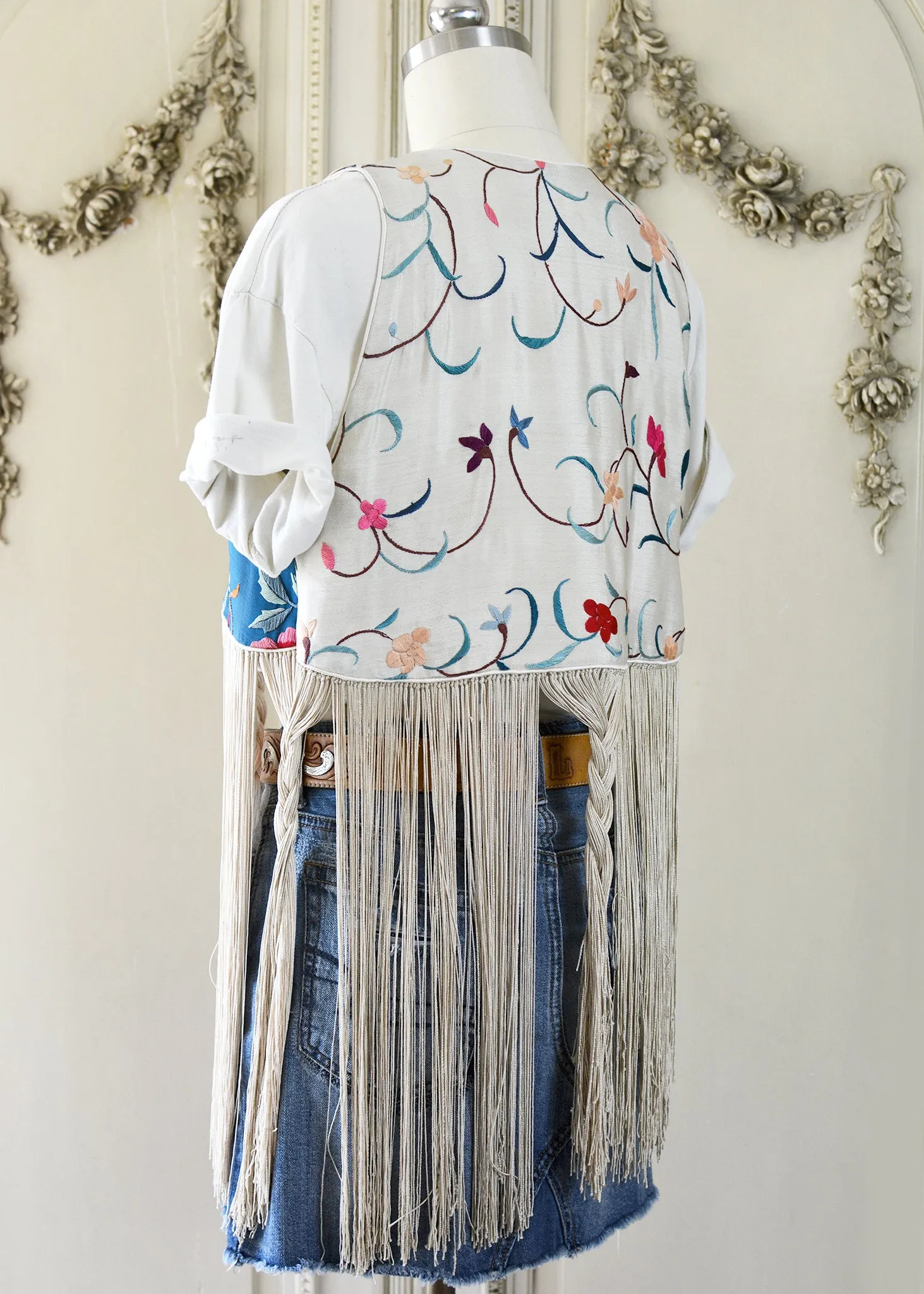 Effie Hand Embroidered Antique Blue Silk Bolero Vest with Opulent Silk Fringes