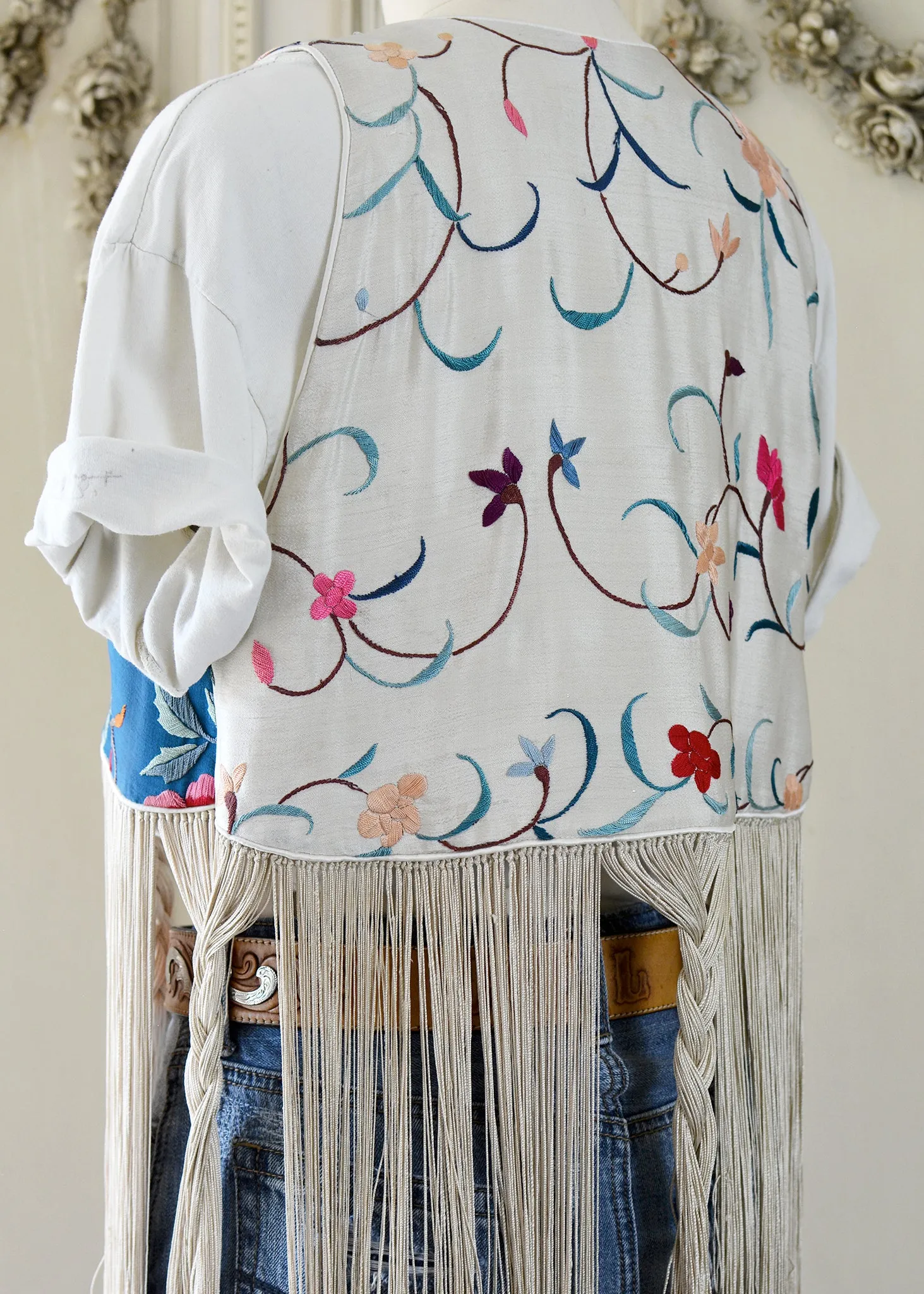 Effie Hand Embroidered Antique Blue Silk Bolero Vest with Opulent Silk Fringes