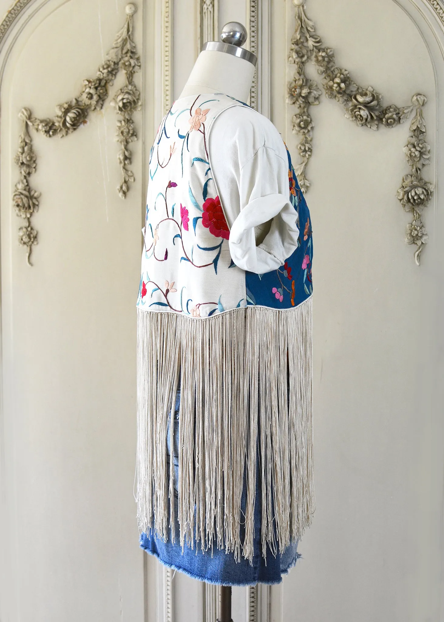 Effie Hand Embroidered Antique Blue Silk Bolero Vest with Opulent Silk Fringes