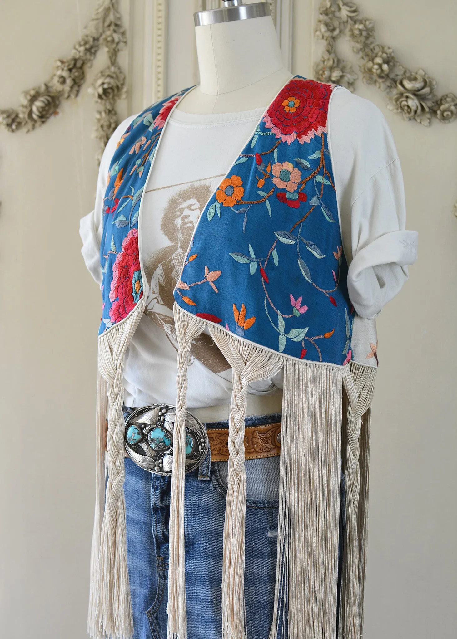 Effie Hand Embroidered Antique Blue Silk Bolero Vest with Opulent Silk Fringes