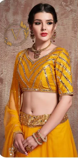 Embroidered Net Lehenga in Yellow