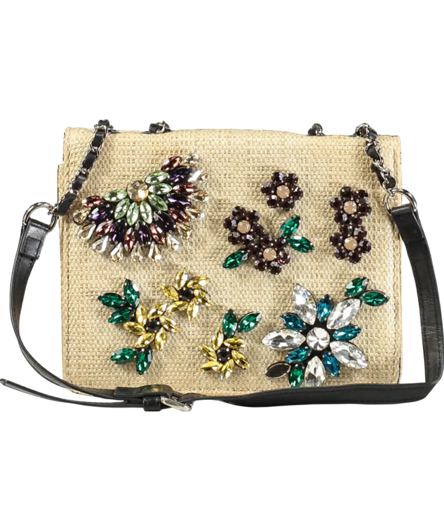 Essentiel Antwerp Beige Crystal Embellished Wicker Shoulder Bag