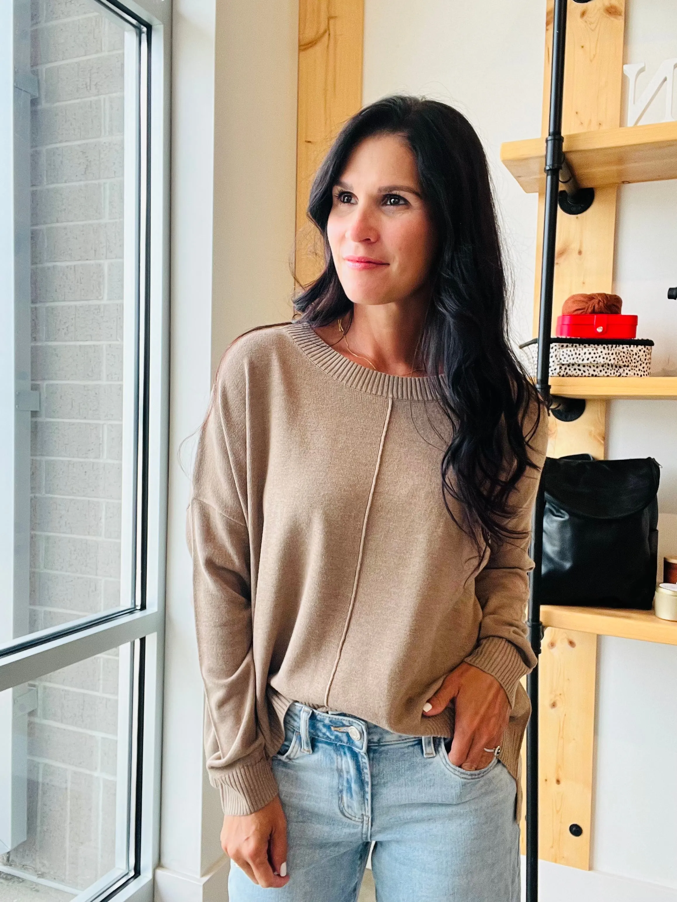 Extended Shoulder Sweater in Mocha