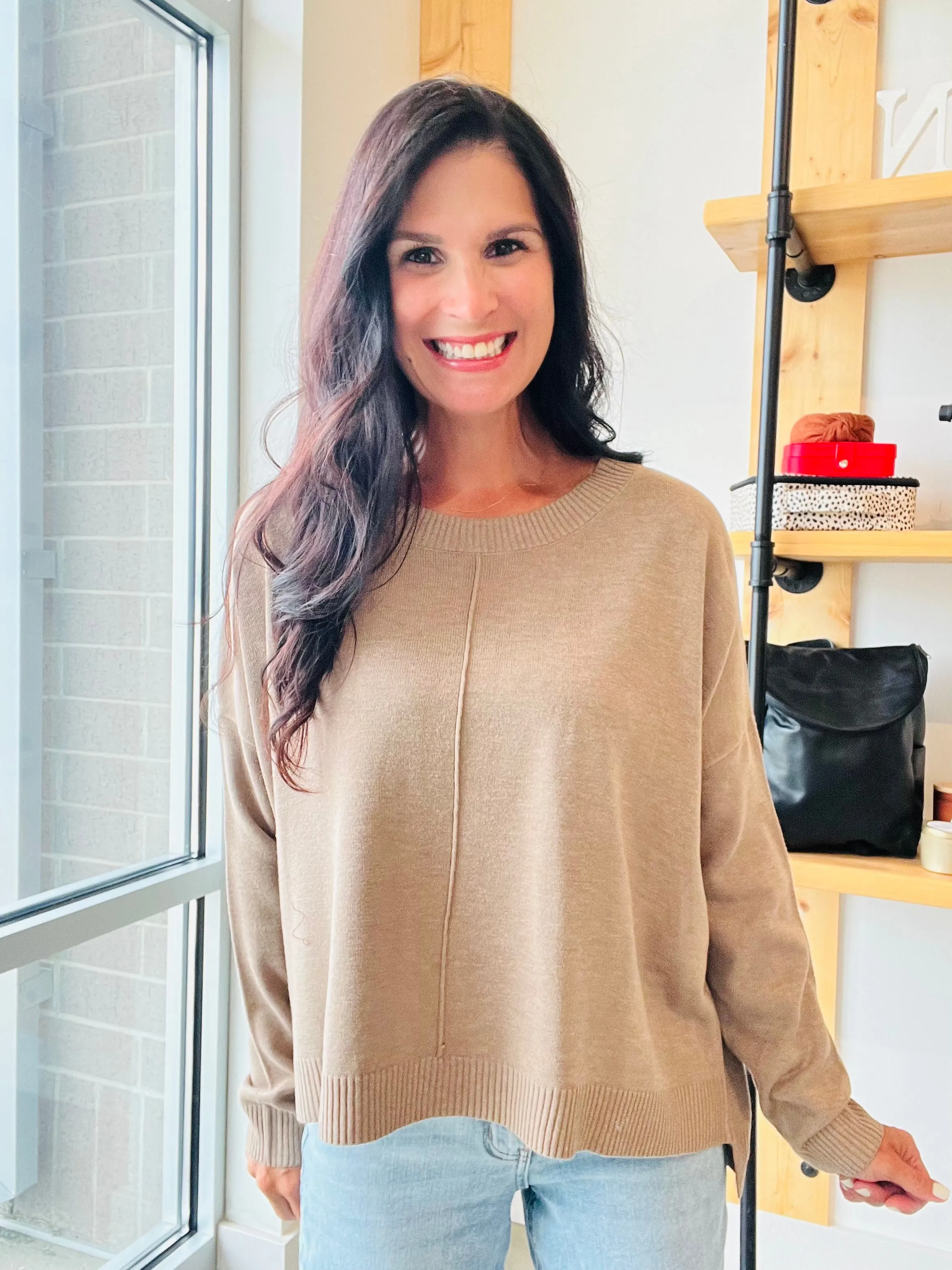 Extended Shoulder Sweater in Mocha