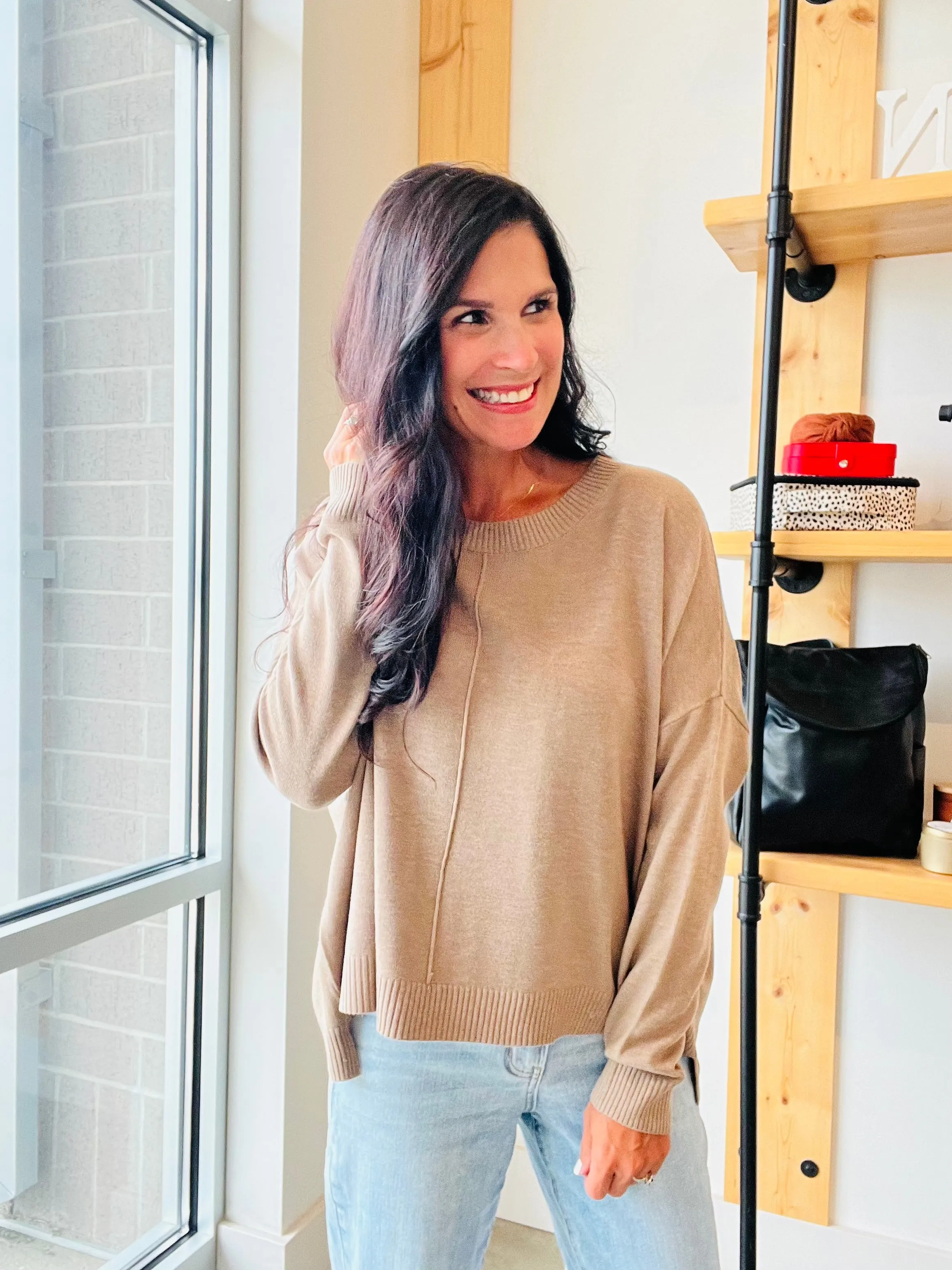 Extended Shoulder Sweater in Mocha