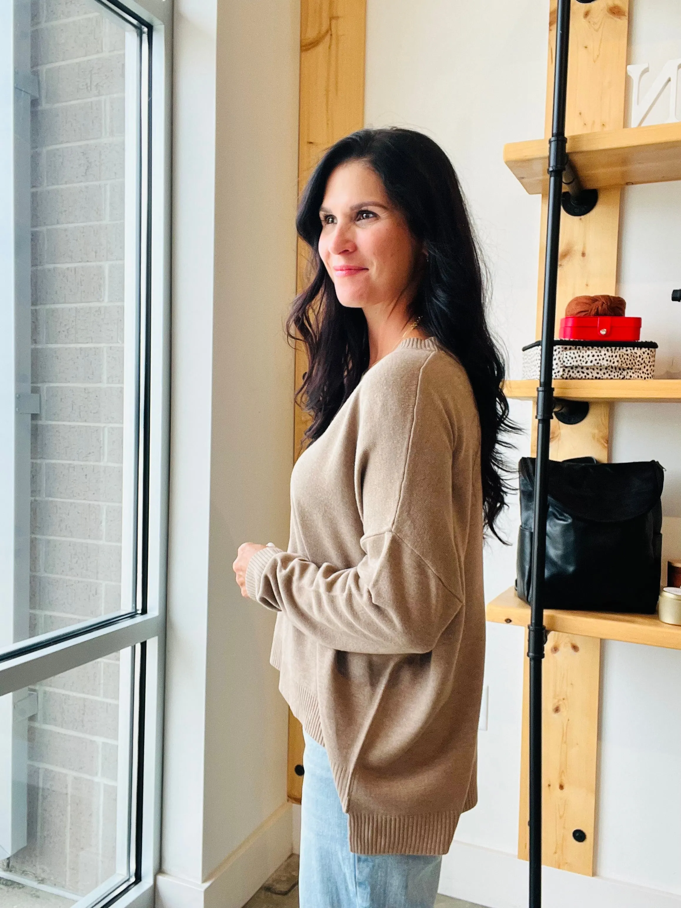 Extended Shoulder Sweater in Mocha