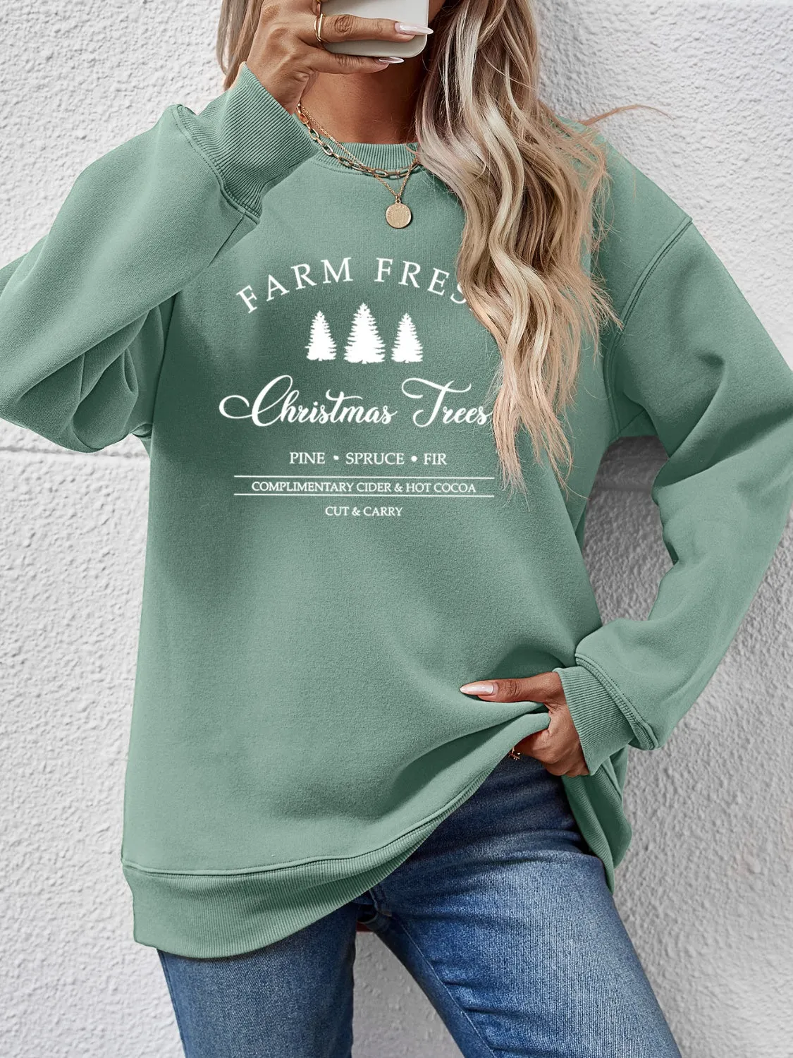 Farm Fresh Christmas Trees Round Neck Dropped Shoulder Sweatshirt