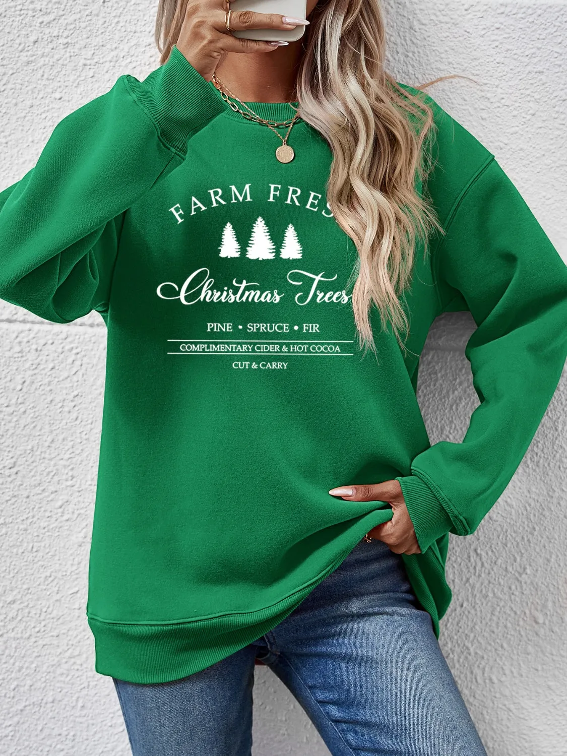 Farm Fresh Christmas Trees Round Neck Dropped Shoulder Sweatshirt