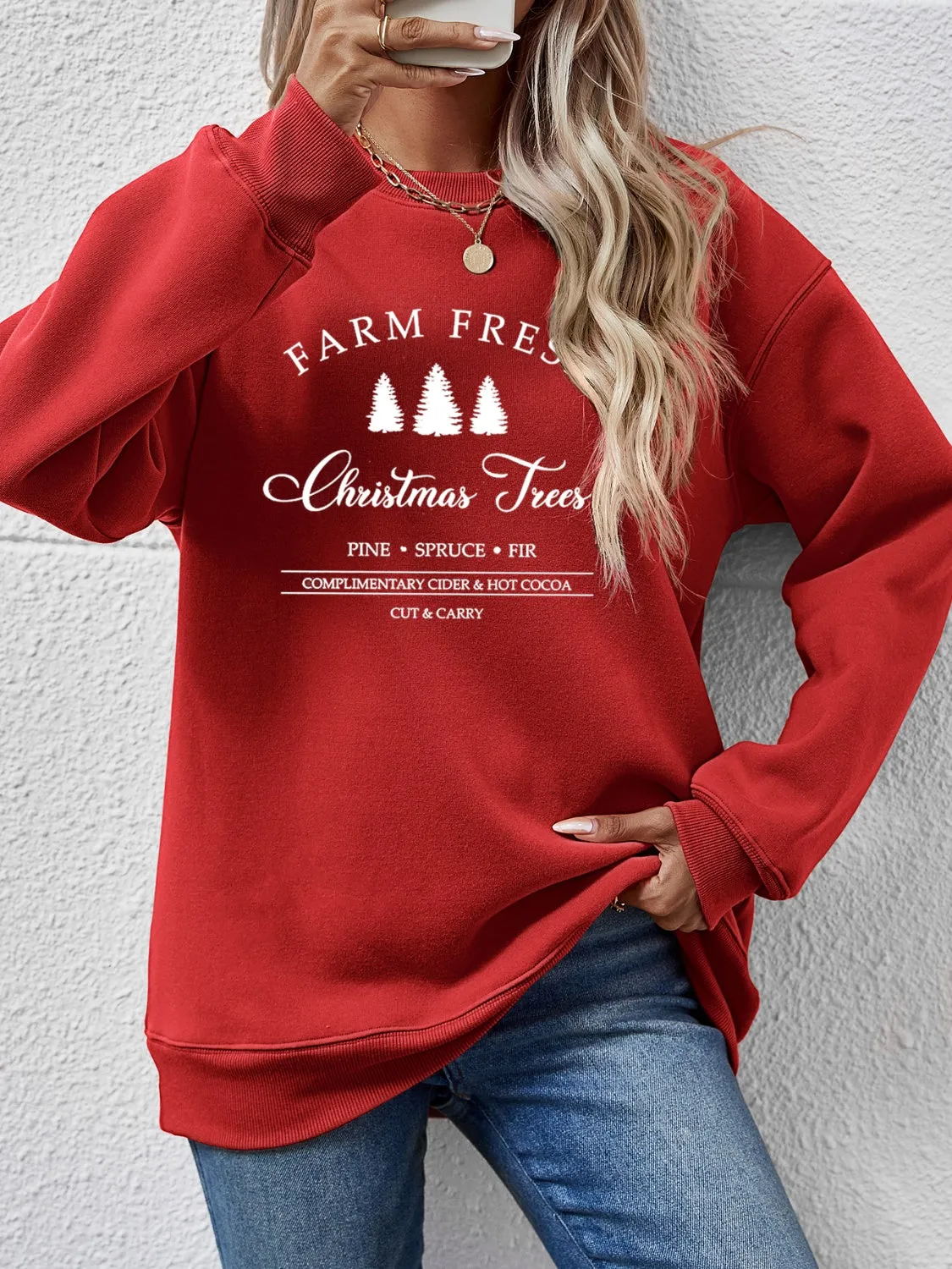 Farm Fresh Christmas Trees Round Neck Dropped Shoulder Sweatshirt
