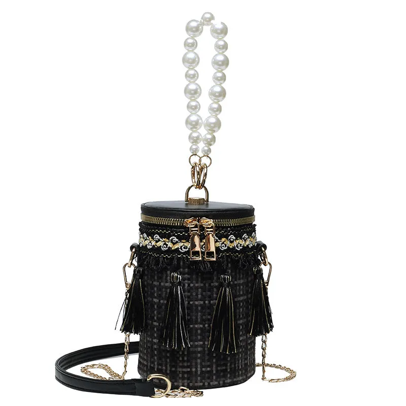 Fashion tassel shoulder messenger Bag, pearl Handbag bucket Bag