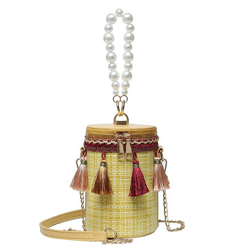 Fashion tassel shoulder messenger Bag, pearl Handbag bucket Bag