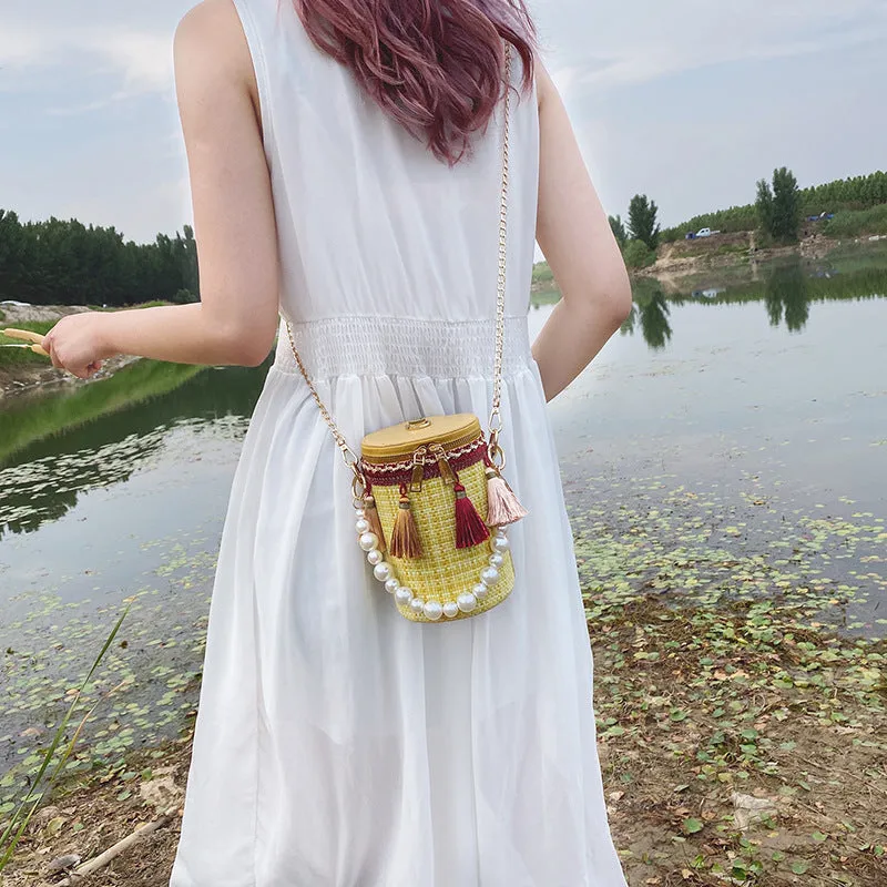 Fashion tassel shoulder messenger Bag, pearl Handbag bucket Bag