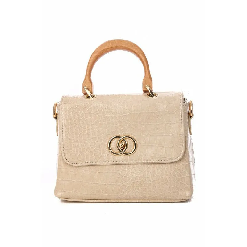 Faux Crocodile Skin Top Handle Bag - Ivory