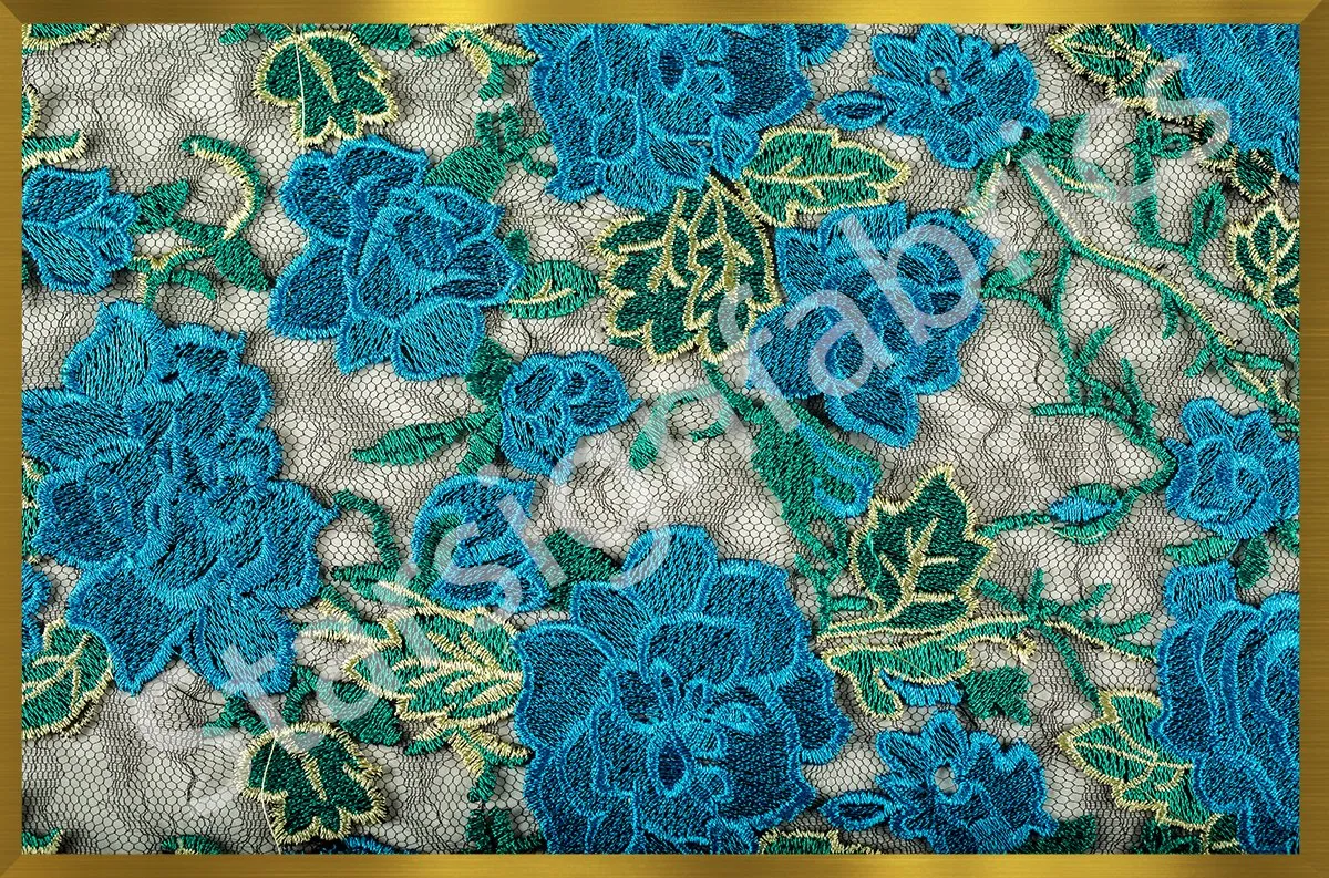 Full Color Rose Pattern Lace Embroidery Blue Fabric