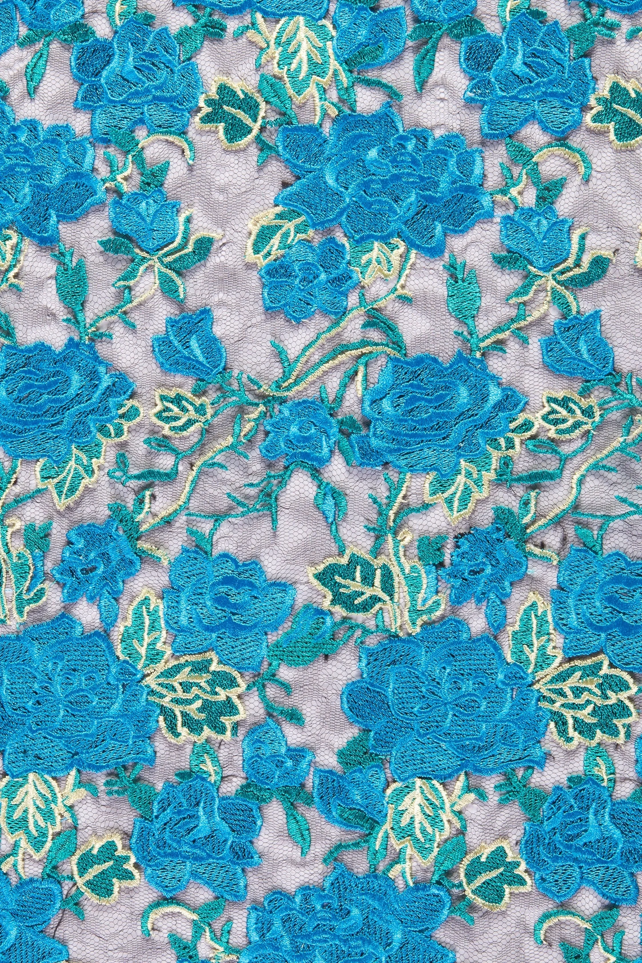 Full Color Rose Pattern Lace Embroidery Blue Fabric