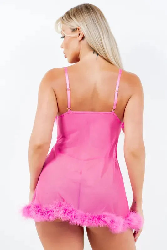 Fur Trimmed Mesh Babydoll