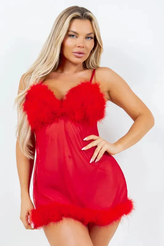 Fur Trimmed Mesh Babydoll