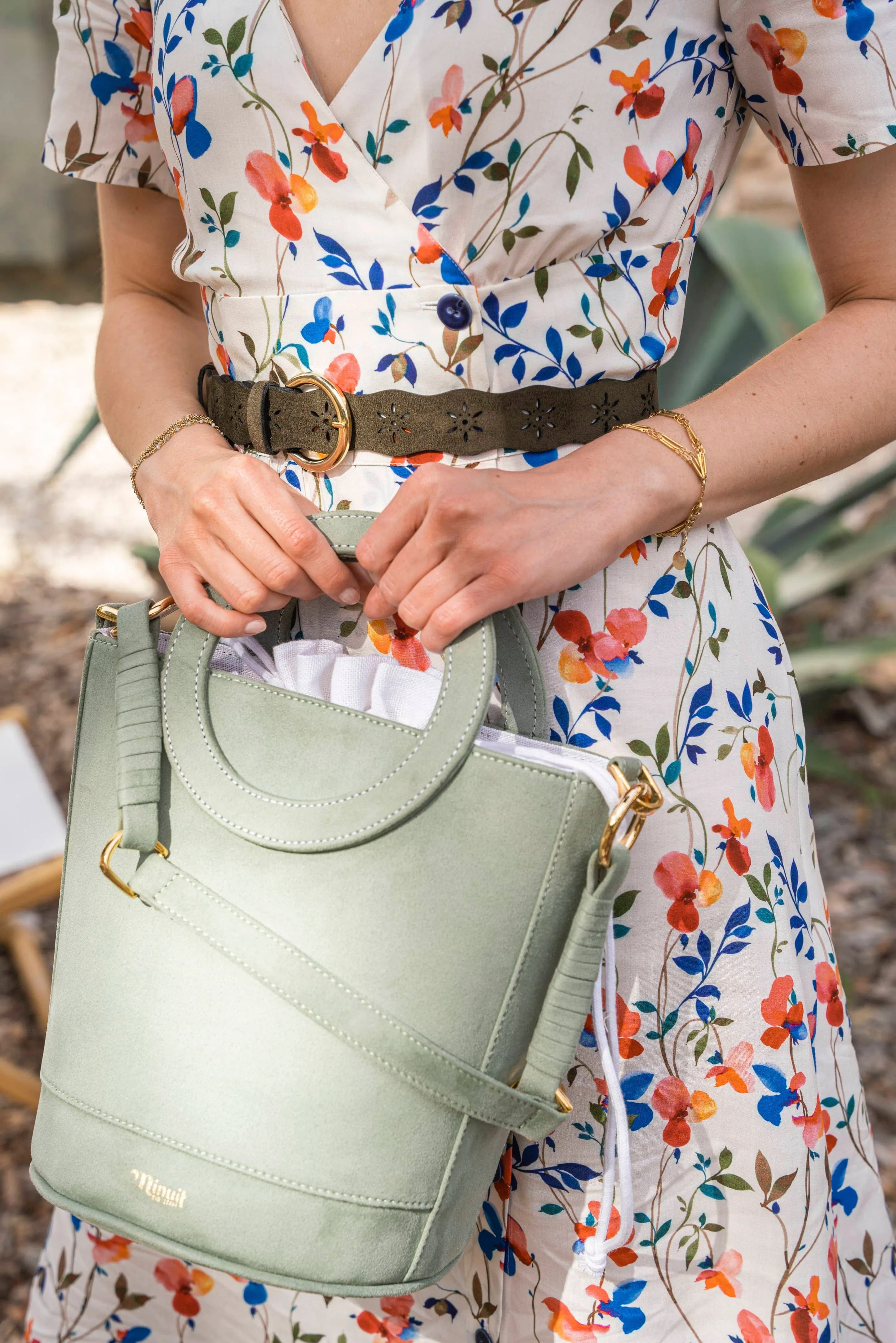 Gaia Round Handle Vegan Suede Handbag | Sage
