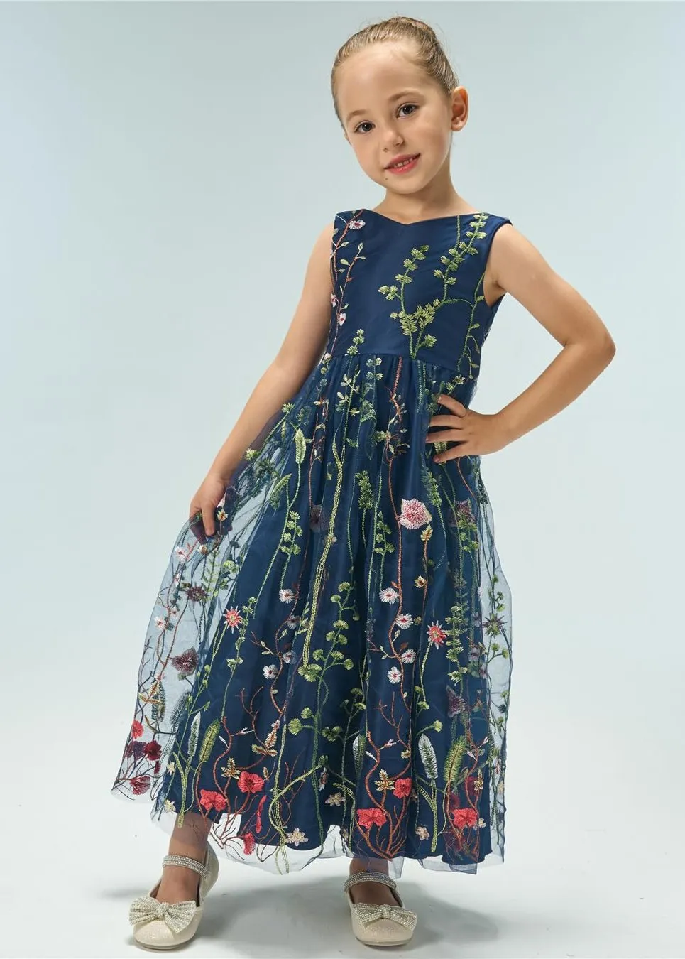 Garden Embroidered Tulle Satin Girl Dress in Navy