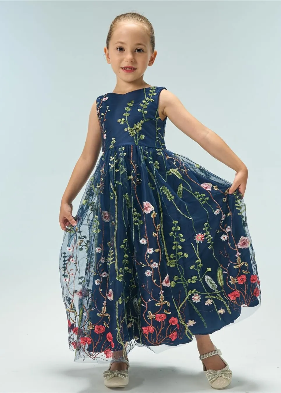 Garden Embroidered Tulle Satin Girl Dress in Navy