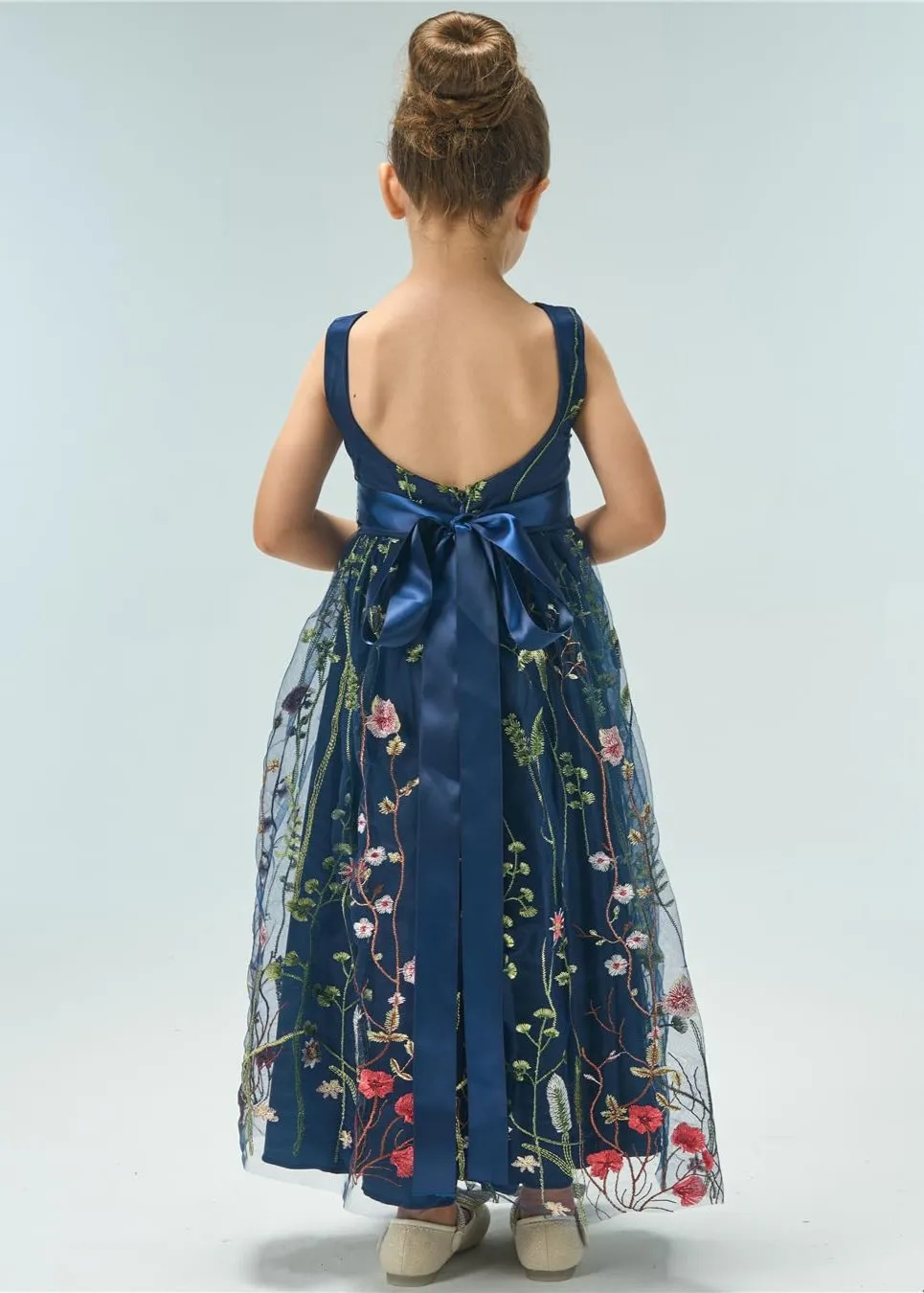 Garden Embroidered Tulle Satin Girl Dress in Navy