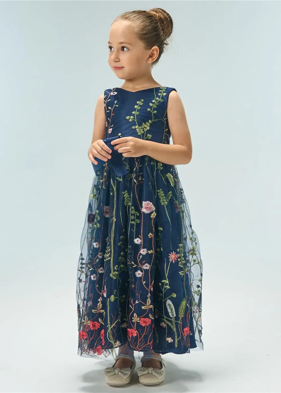 Garden Embroidered Tulle Satin Girl Dress in Navy