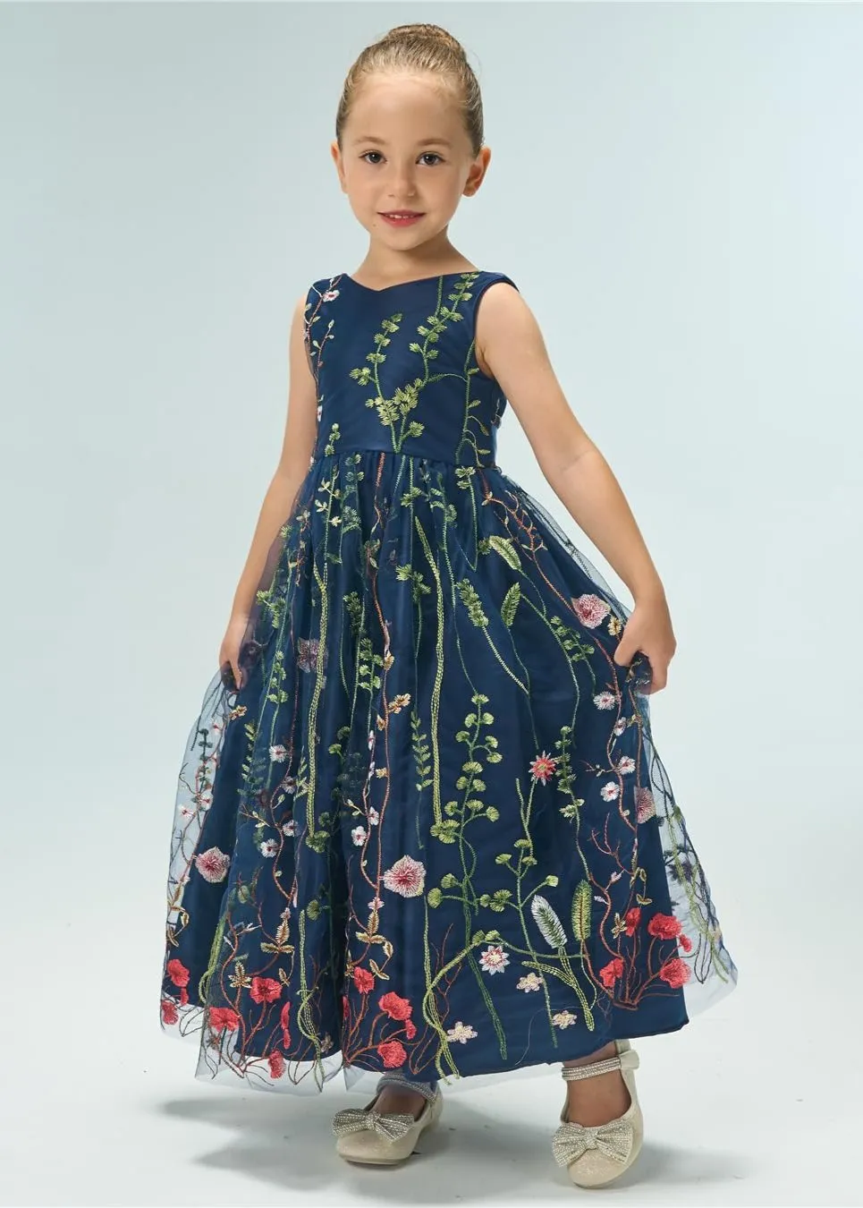 Garden Embroidered Tulle Satin Girl Dress in Navy