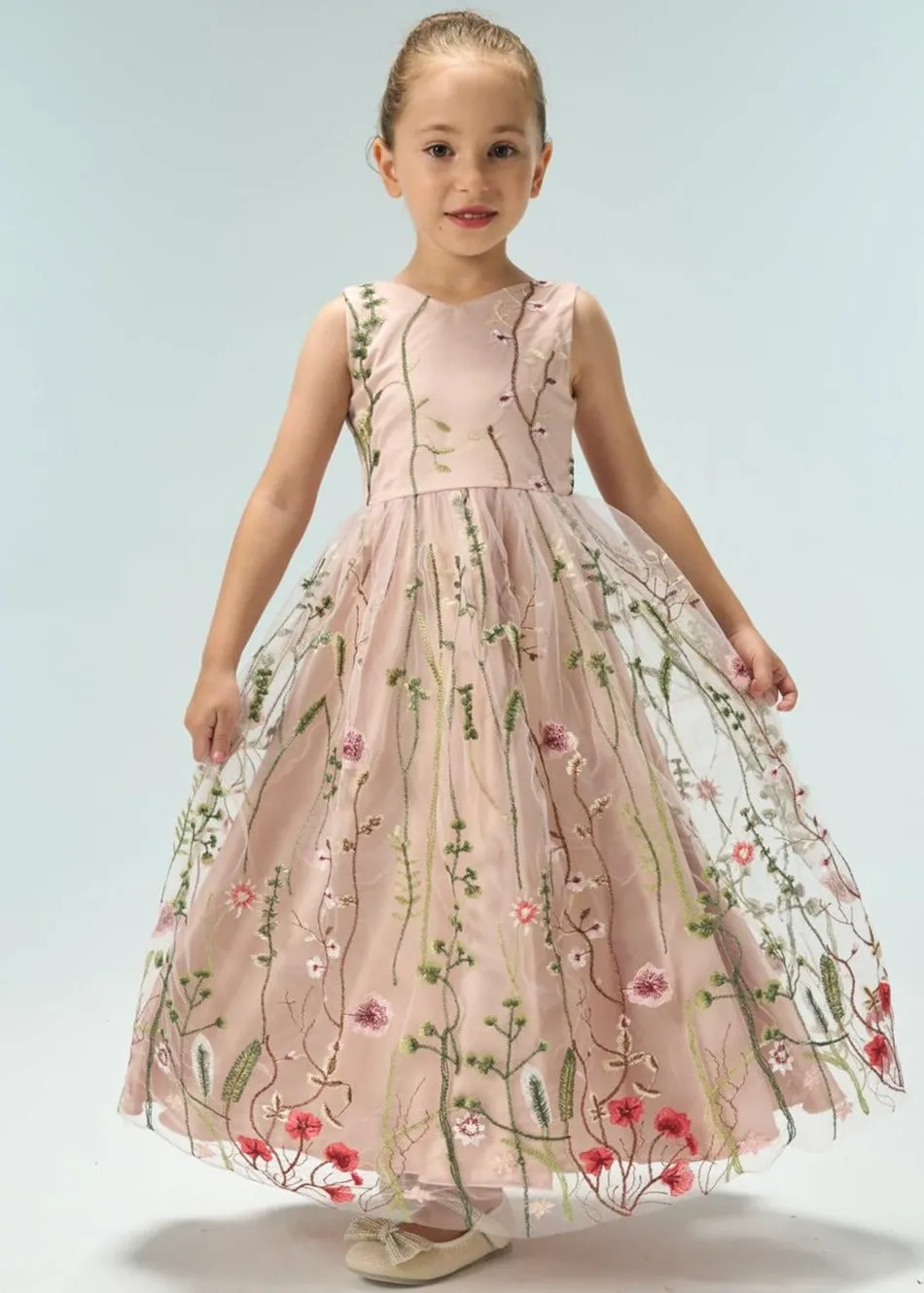 Garden Embroidered Tulle Satin Girl Dress in Pink
