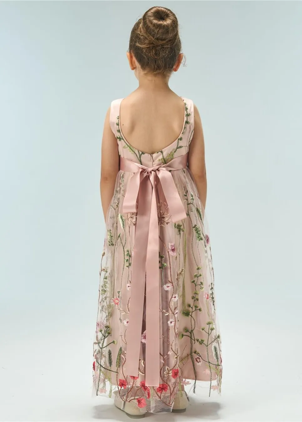Garden Embroidered Tulle Satin Girl Dress in Pink