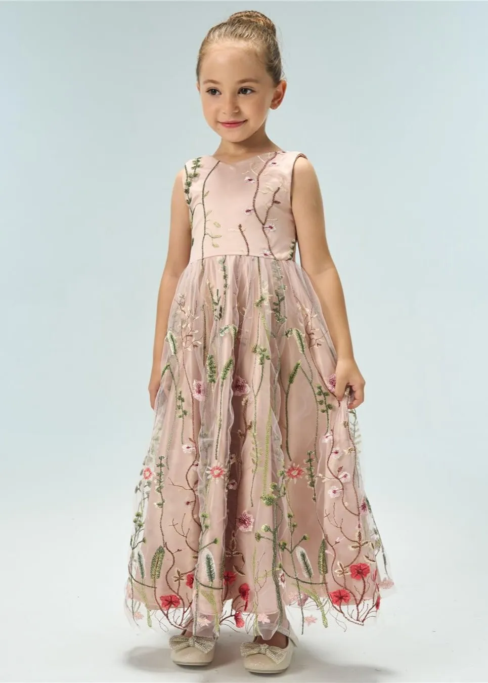 Garden Embroidered Tulle Satin Girl Dress in Pink