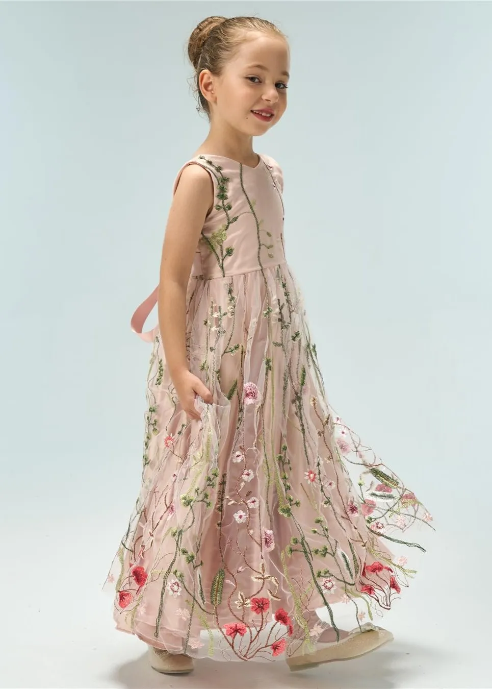 Garden Embroidered Tulle Satin Girl Dress in Pink