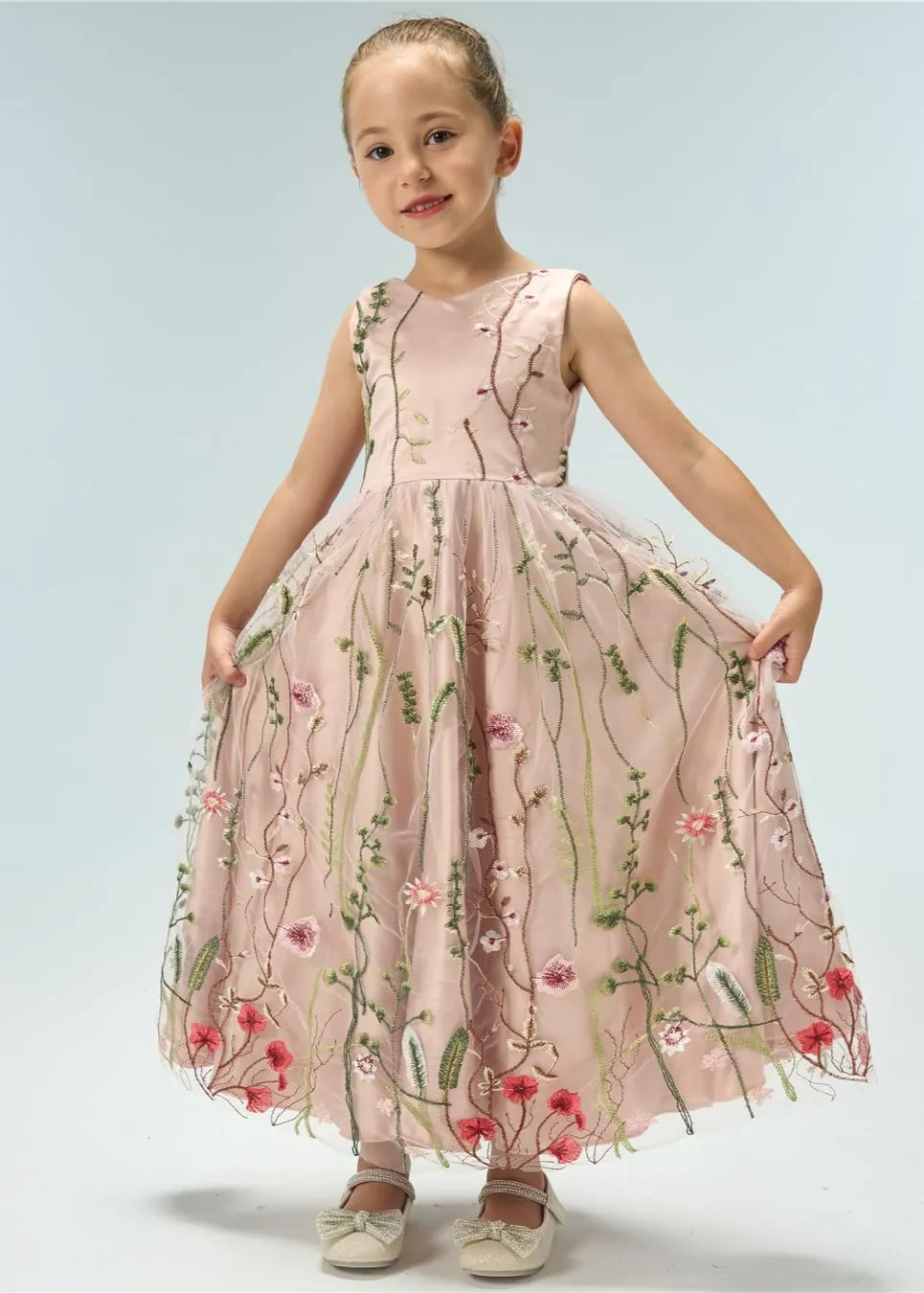 Garden Embroidered Tulle Satin Girl Dress in Pink