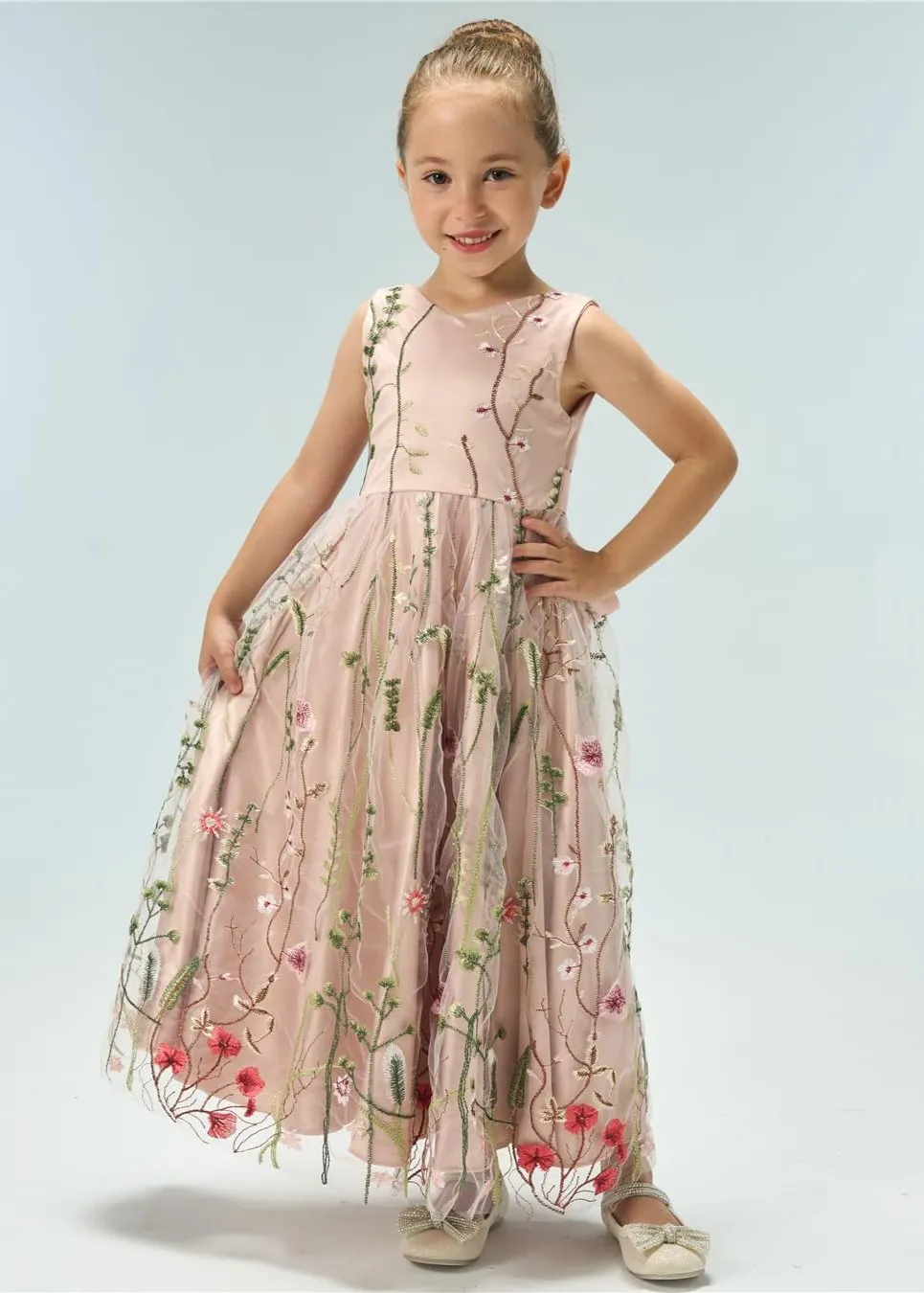 Garden Embroidered Tulle Satin Girl Dress in Pink